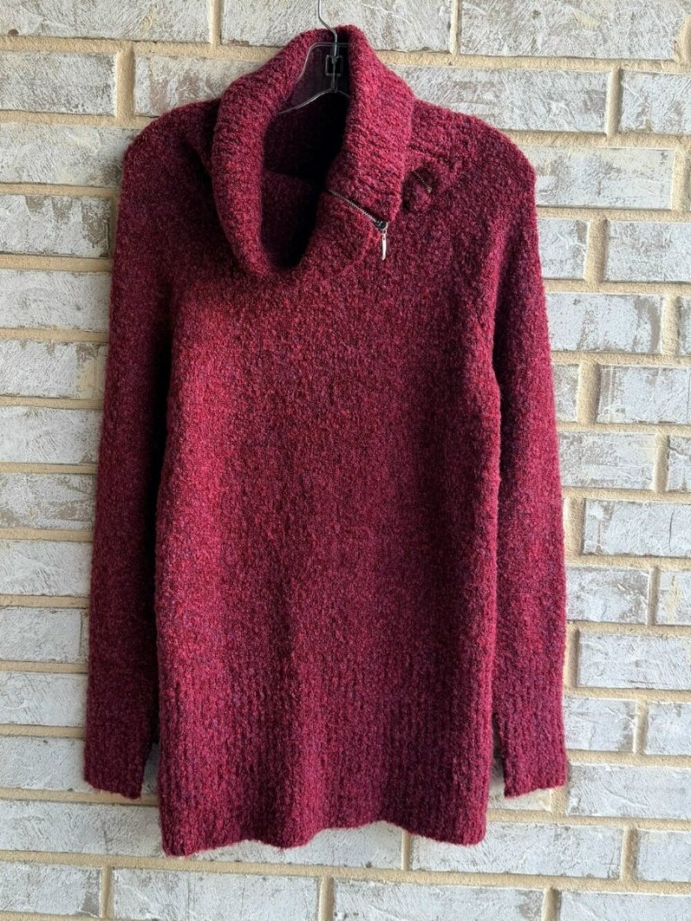 WHBM Long Sleeve Zip Cowl Neck Burgundy Boucle Tunic Sweater Size S.